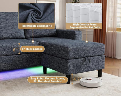 Smart Sectional Couches for Living Room, 4 Seat U/L Shaped Sectional Sofa with RGB Light/Charging, Modern Living Room Furniture for Apartments/Office/More (Blue)