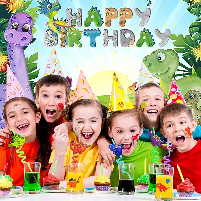 24 Reusable Dinosaur Drinking Plastic Straws + 6 Dinosaur Temporary Tattoos for Kids Girls Boys | Dinosaur Birthday Party Supplies Three Rex Party Favors Decorations with Cleaning Brush
