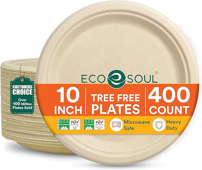ECO SOUL 100% Compostable Paper Plates 10 Inch [400-Pack] Biodegradable Heavy Duty Eco-Friendly Disposable Plates for Thanksgiving Dinner, Parties, Wedding & Event