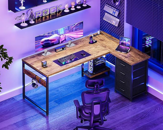 AODK L Shaped Gaming Desk with 4 Drawers, 53" Reversible Home Office Desks with Power Outlets, L Shaped Computer Desk with USB Charging Port and Host Stand, Corner Desk, Easy to Assemble, Vintage