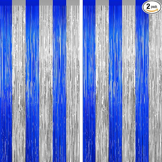 Silver and Blue Tinsel Backdrop Foil Fringe Curtains - 2 Packs Door Streamers Backdrop for Birthday Door Decorations, Party Supplies for Bachelorette, Graduation, Christmas, Disco Decor