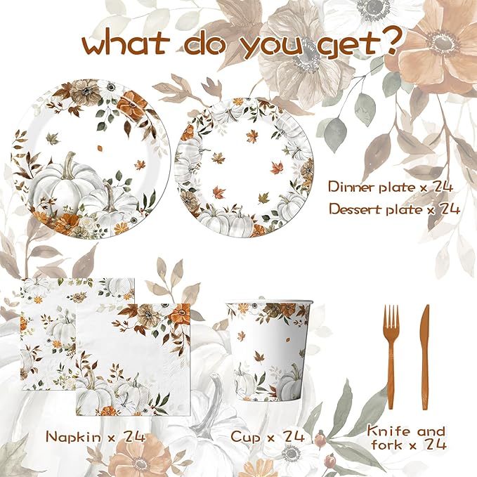 24 Sets Fall Paper Plates and Napkins,Little Pumpkin Baby Shower Decorations,Autumn-Themed Disposable Tableware for Thanksgiving,Harvest Parties,Floral Pumpkin Birthdays Party Supplies