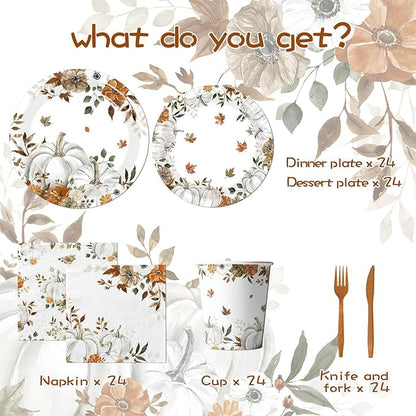 24 Sets Fall Paper Plates and Napkins,Little Pumpkin Baby Shower Decorations,Autumn-Themed Disposable Tableware for Thanksgiving,Harvest Parties,Floral Pumpkin Birthdays Party Supplies