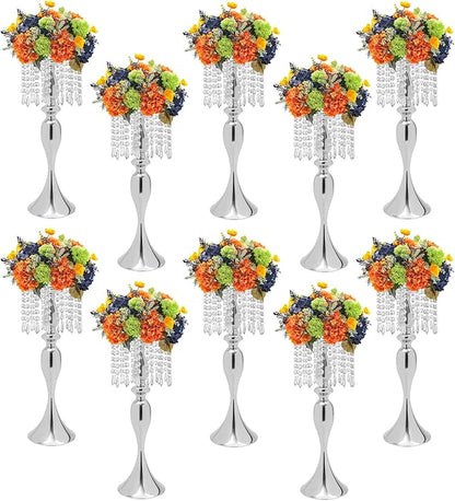 Wedding Centerpieces Gold Vases,10PCS Metal Flower Candle Holder with Sparkling Crystal Beads,Crystal Flower Vase Metal Flowers Stand for Party Tables Decorations (10PCS-Sliver-17cm)