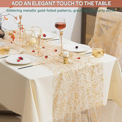 6 Pcs Gold Table Runners, 28In x 10 Ft Sheer Chiffon Tulle Cheesecloth with Glitter Metallic Foil, Golden Sequin Gauze Runner for Wedding, Birthday, Baby Shower, Anniversary Party Decor, Lace