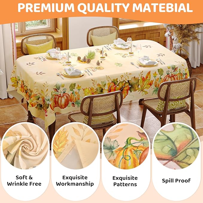Fall Tablecloth Rectangle 52x70 Inch, Autumn Thanksgiving Harvest Orange Pumpkin Table Cloth Washable Spillproof Table Cover for Halloween Party, Picnic & Dinner Decor
