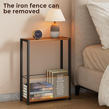 Narrow Side Table with Magazine Holder, Skinny End Table Perfect for Small Spaces, Space-Saving Design for Living Room, Bedroom, or Office, 7.1" D x 16.9" W x 23.6" H, Rustic Walnut