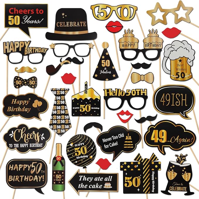 LINGTEER Happy 50th Birthday Party Photo Booth Props,Cheers to 50th Birthday Fifty Years Old Bday Party Centerpieces Props Decorations Sign.