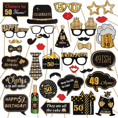 LINGTEER Happy 50th Birthday Party Photo Booth Props,Cheers to 50th Birthday Fifty Years Old Bday Party Centerpieces Props Decorations Sign.
