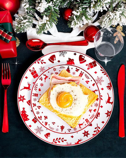 Ciaell 175PCS Christmas Plastic Plates - Red Plastic Plates - Christmas Disposable Dinnerware Sets Include 50Plates, 75Silverware, 25 Cups and 25Napkins for Xmas Parties