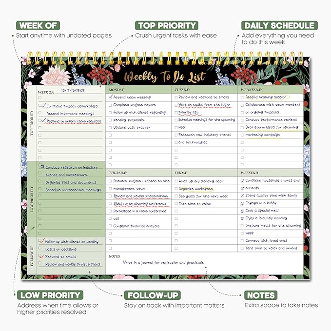 Taja Weekly To Do List Notepad with 52 Undated Sheets（8.5"×11"）- Weekly Desk Planner for Women & Man, Work and Home - 1 Pack Forest Bloom