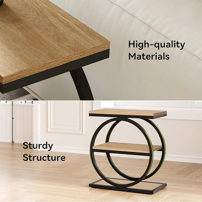 LITTLE TREE 3-Tier End Table, Side Table with Storage Shelves, Small Sofa Side Table for Living Room, Wooden Side End Table with Double Round Metal Legs, Slim Nightstand and Bedside Table, Oak
