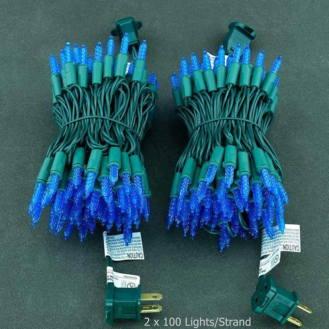 YULETIME Blue Faceted LED Christmas Lights 200 Count 50 ft, Pack of 2 Strands 25 ft 100 Lights UL Certified Commercial Grade Green Wire Holiday String Light Set (Blue)