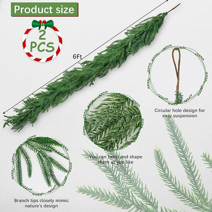 2PCS 6Ft Christmas Norfolk Pine Garland, Realistic Artificial Greenery Cedar Garland for Christmas Holiday Mantel Fireplace Table Indoor Outdoor Decoration