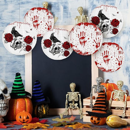 6PCS Hanging Halloween Party Decorations with Lantern, Crow, Skull, Blood Print Pattern, Indoor and Outdoor Horror Home Decoration -12 inches