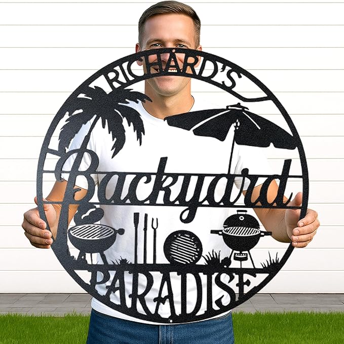 Outdoor BBQ Grill Metal Sign, Custom Name Cut Wall Art for Patio Kitchen, Rustic Backyard Barbecue Decoration