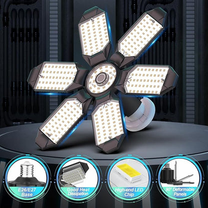 Led Garage Lights 4 Pack 200W Super Bright Ceiling Led Shop Lights, E26/E27 Base, 6500K, 22000LM Deformable Garage Light Ideal for Basement, Attic and Workshop