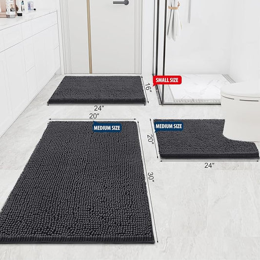Smiry Luxury Chenille Bathroom Rugs 47x24, Extra Soft and Absorbent Shaggy Bath Mat, Machine Washable, Non-Slip Plush Carpet Runner for Tub, Shower, and Floor, Home Decor Accessories, Charcoal Grey