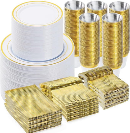 BESTVIP 900PCS Gold Dinnerware Set for 150 Guests, Plastic Plates for Party, 150 Gold Disposable Plates, 150 Dessert Plates, 150 Cups, 150 Spoons, 150 Forks and 150 Knives