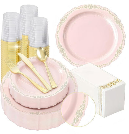 350 PCS Pink Disposable Plates, Elegant Dinnerware Set for 50 Guests, 100 Plastic Plates, 150 Silverware, 50 Cups & 50 Paper Napkins, Pink