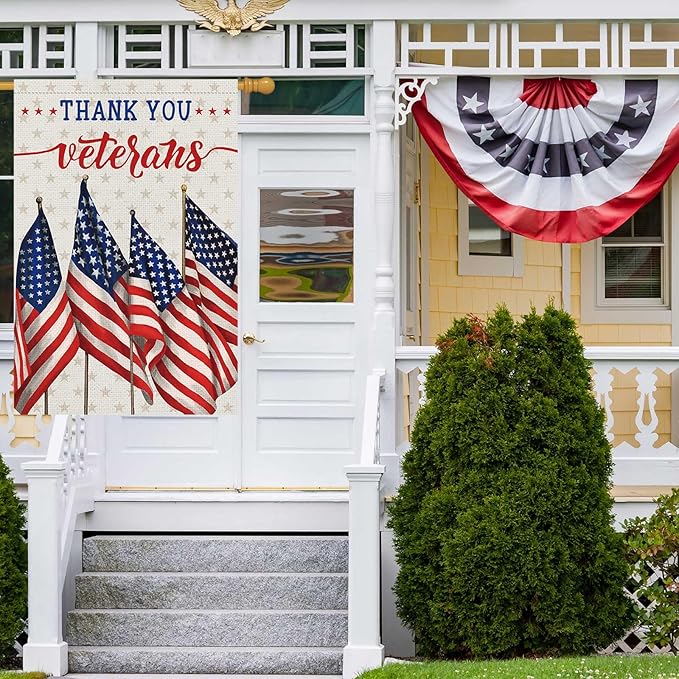 Louise Maelys Thank You Veterans Garden Flag Patriotic Veterans Day 28x40 Inch Double Sided Stars and Stripes Large Burlap Memorial Yard Flag Outside Outdoor House Decor