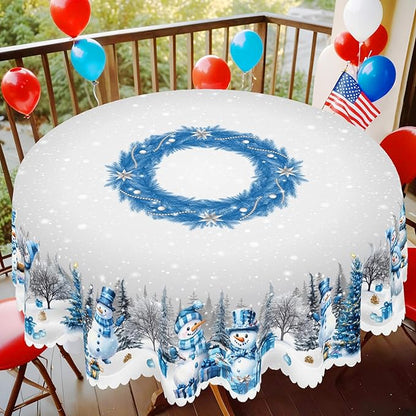 Eikione Round Tablecloth 60inch, Christmas Tablecloth Waterproof and Wrinkle-Free, Table Covers, Winter Decorations for Home Dining Blue
