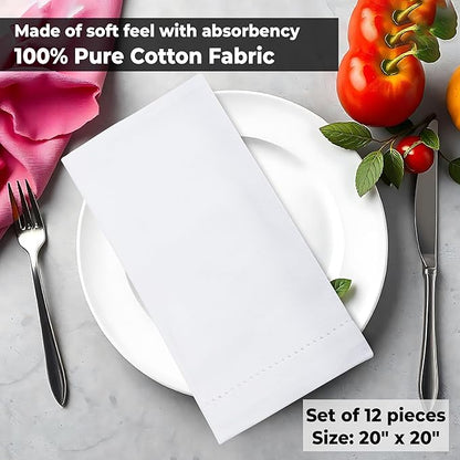Urban Villa Cloth Napkins White Hemstitch Dinner Napkins Set of 12 (20X20) 100% Cotton Absorbent Washable Durable Reusable Ideal for Hotel Collection Christmas Parties Restaurant Lunch Dinner Napkins