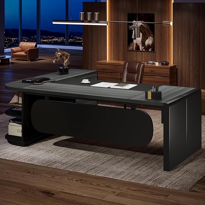 Tribesigns 80'' L-Shaped Desk Set of 6, Large Executive Office Desk with 55'' Drawers Cabinet, Modern Computer Table with Storage Shelves, Business Furniture for Office, Grey