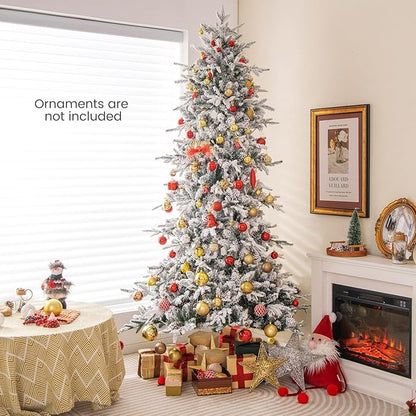 GOFLAME 7.5FT Pre-Lit Christmas Tree Snow Flocked, Hinged Artificial Xmas Tree with 1107 Branch Tips, 47 Natural Pine Cones, 350 Warm White Incandescent Lights, Holiday Decoration Tree for Home Office