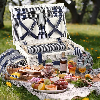 Picnic Basket for 4 Persons with Waterproof Picnic Blanket and Insulated Cooler, Large Wicker Picnic Basket for Camping, Outdoors, Valentine's Day, Christmas, Birthday, Wedding Gift