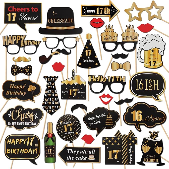 LINGTEER Happy 17th Birthday Party Photo Booth Props,Cheers to 17th Birthday Seventeen Years Old Bday Party Centerpieces Props Decorations Sign.