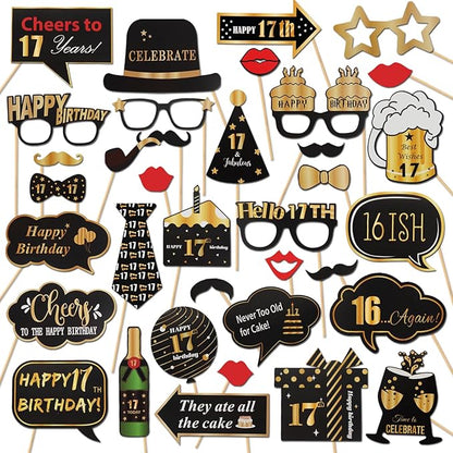 LINGTEER Happy 17th Birthday Party Photo Booth Props,Cheers to 17th Birthday Seventeen Years Old Bday Party Centerpieces Props Decorations Sign.