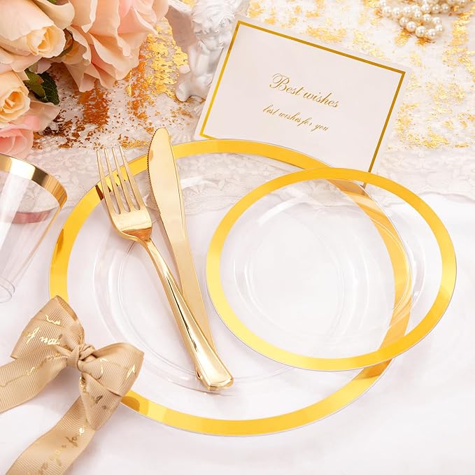 Liacere 350PCS Clear Gold Plastic Plates for 50 Guests Dinnerware Include 100 disposable Plates 150 Gold Silverware 50Napkins for Party & Wedding & New Year & Christmas