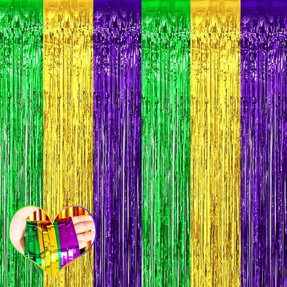 4 Pack 3.2Ft x 8.2Ft Mardi Gras Fringe Curtain Backdrop, Gold Green Purple Metallic Tinsel Foil Fringe Streamers Curtains Background for Photo Booth Birthday Wedding Carnival Party Decorations