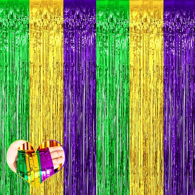 4 Pack 3.2Ft x 8.2Ft Mardi Gras Fringe Curtain Backdrop, Gold Green Purple Metallic Tinsel Foil Fringe Streamers Curtains Background for Photo Booth Birthday Wedding Carnival Party Decoration