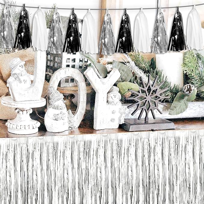 3P Black Silver white Tassel Banner Garland Metallic Foil Fringe Banner Tinsel Tassels Streamer Banner Backdrop for Parade Floats, Graduation Decorations, Halloween, Christmas Decorations
