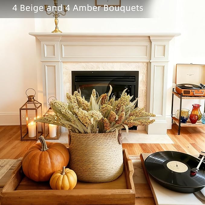 KBREE 16" Artificial Fall Grain Bundles for Thanksgiving Decoration, 4 Packs Rustic Harvest Sheaves with Aged Leaves, Faux Grain Bouquets for Thanksgiving Table Centerpiece, Farmhouse Decor (Beige)