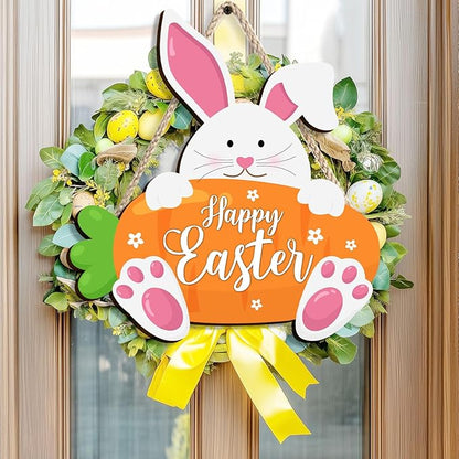 Kercan Wooden Easter Decor Rabbit Door Wreath for Front Door Sign Wall Spring Signs, Bunny Sign Welcome Hanging for Home Wall Decor Party Indoor Decoration, 10.6x11.4Inches