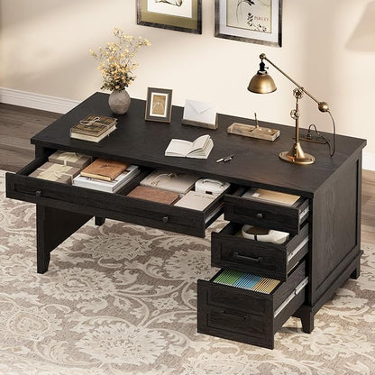 GarveeHome Farmhouse Executive Desk with Drawers, 53.54 in Home Office Desk with Charging Station, Wooden Computer Desk with File Cabinet Storage for Work Study Writing, Rustic Black