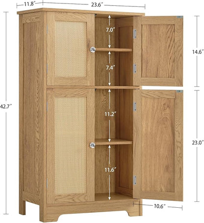 TEENFON Storage Cabinet, Rattan Cabinets with 2 Adjustable Shelves & 4 Doors, Bathroom Cabinet, Cupboard, Floor Cabinets for Living Room, Entryway, Kitchen, Home Office, Natural