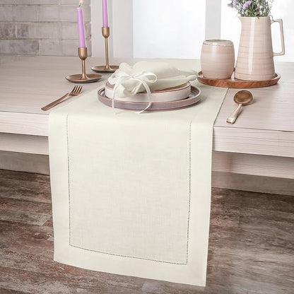 D'Moksha Homes Linen Ivory Table Runner 84 Inches Long - 100% Pure Linen Table Runner 14 x 84 Inch for Winter, Christmas, Holiday - Classic Hemstitch
