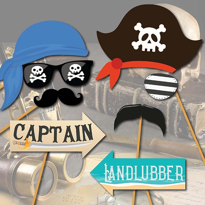 Pirate Photo Booth Props - 41-pc Photobooth Kit with 8 x 10-Inch Sign, 60 Adhesive Pads, 45 Sticks - Pirate Props - Nautical Photo Booth Props - Pirate Ship Props