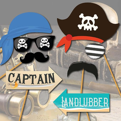 Pirate Photo Booth Props - 41-pc Photobooth Kit with 8 x 10-Inch Sign, 60 Adhesive Pads, 45 Sticks - Pirate Props - Nautical Photo Booth Props - Pirate Ship Props