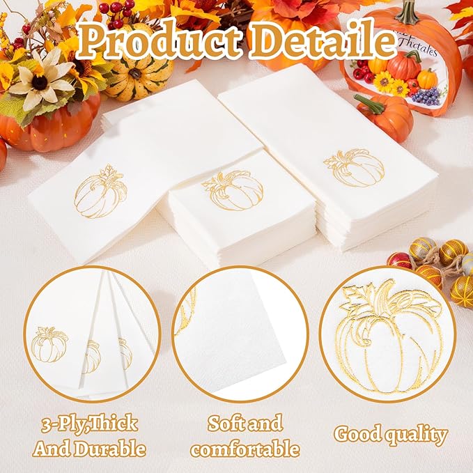 50PCS Thanksgiving Pumpkin Napkins - Heavy Duty Fall Pumpkin Paper Napkins - Thanksgiving Disposable Hand Towels for Friendsgiving Table Decor Party Supplies