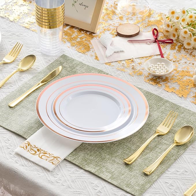 350 Pieces Rose Gold Disposable Plates for 50 Guests, Disposable Plastic Plates, Dinnerware Set of 50 Dinner Plates, 50 Salad Plates,50 Cups and 50 Paper Napkins for Party, Wedding, Celebration