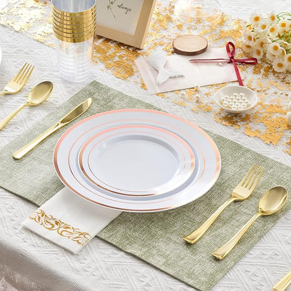 350 Pieces Rose Gold Disposable Plates for 50 Guests, Disposable Plastic Plates, Dinnerware Set of 50 Dinner Plates, 50 Salad Plates,50 Cups and 50 Paper Napkins for Party, Wedding, Celebration