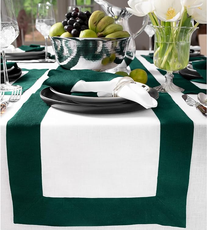 Solino Home Linen Table Runner 72 Inches Long - 100% Pure Linen Rainforest and White Dining Table Runner 14 x 72 Inch for Fall, Autumn, Christmas, Winter, New Year - Contempo