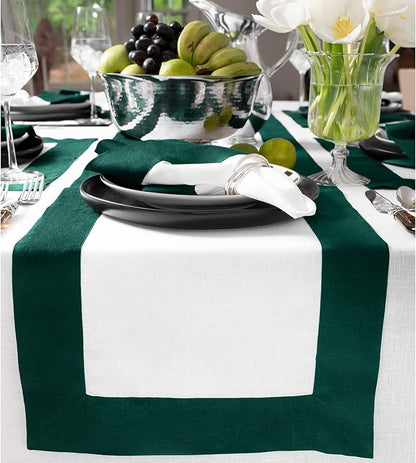 Solino Home Linen Table Runner 90 Inches Long - Rainforest and White 100% Pure Linen 14 x 90 Inch Table Runner for Dining, Fall, Autumn, New Year, Winter, Christmas - Contempo