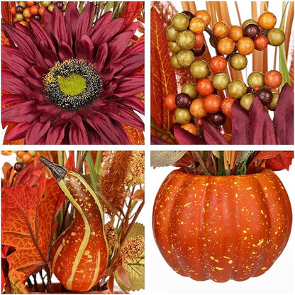 Artificial Pumpkin Floral Arrangement with Burgundy Sunflowers & Autumn Leaves – Fall Table Centerpiece for Thanksgiving, Halloween & Harvest Décor – Rustic Farmhouse Pumpkin Autumn Décor