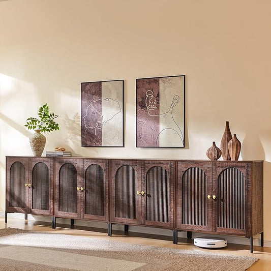 Modern Buffet Cabinet with Storage, 123.5" W Fluted Arched Sideboard Cabinet w/Adjustable Shelves, Wooden Modular Coffee Bar for Dining Room, Kitchen, Living Room, Entryway, Brown